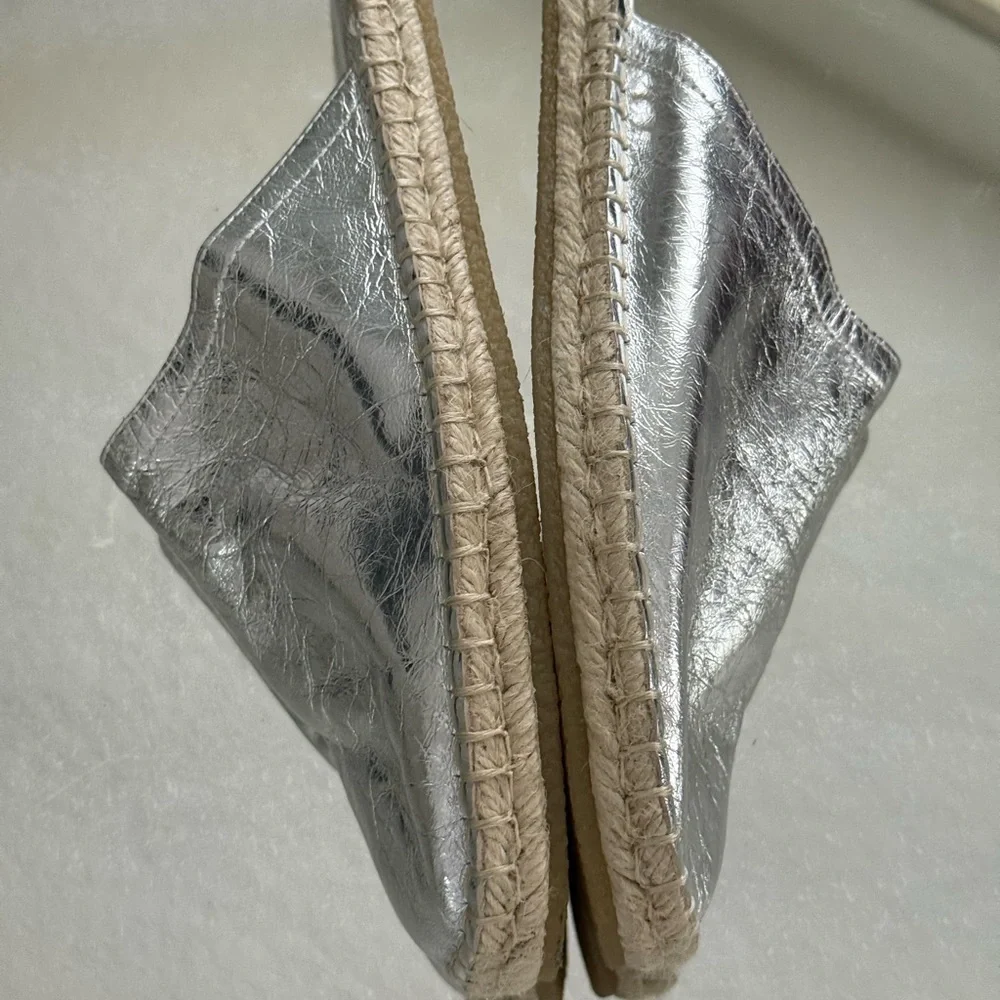 Zara crinkly leather silver metallic espadrille mules